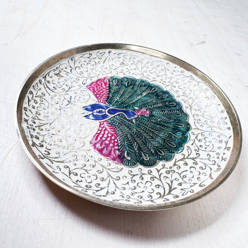Vintage Indian Brass‎ Peacock Enamel Trinket Dish 4" Gold Filigree Boho Decor - Picture 6 of 6